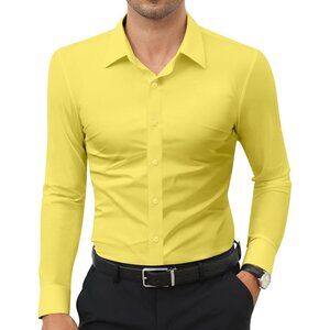 Men's Yellow Long Sleeve Slim Muscle Fit Wrinkle Free Button Down Dress Shirts